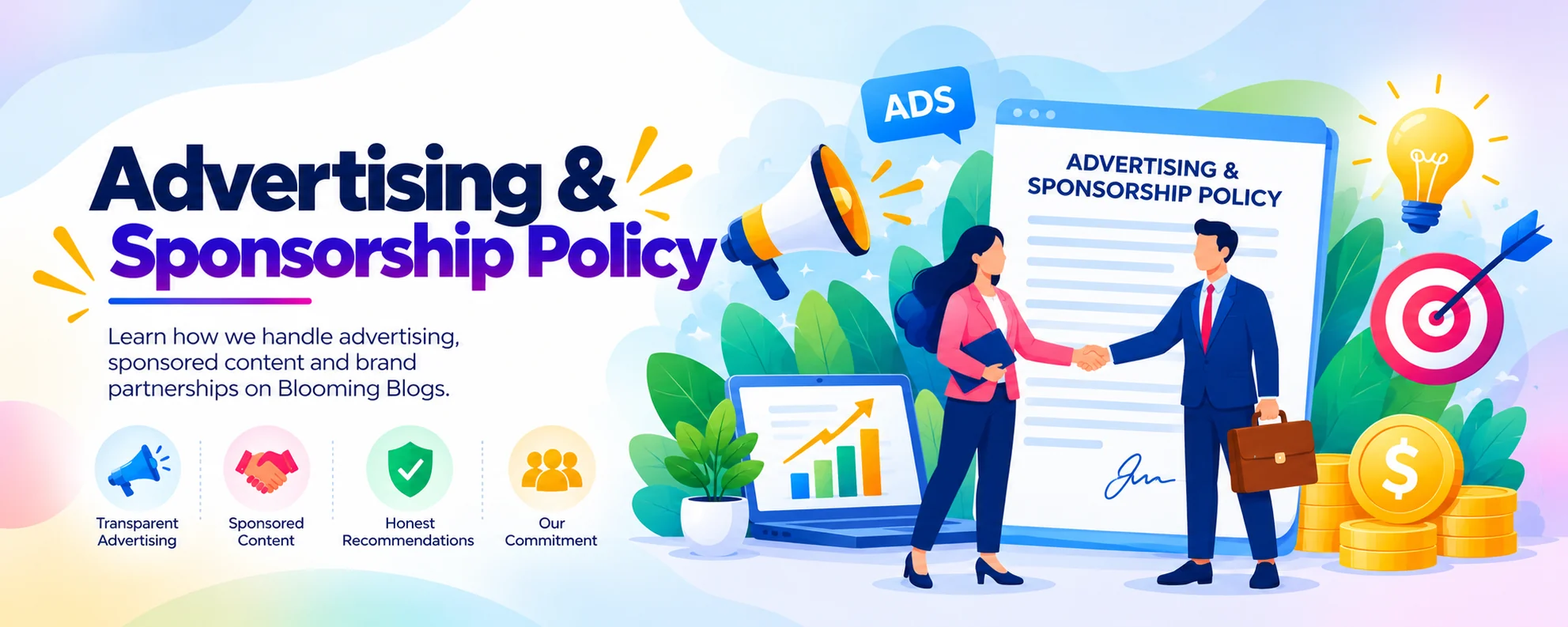Advertising and Sponsorship Policy for Blooming Blogs showing transparent advertising, sponsored content, honest recommendations, and brand partnerships