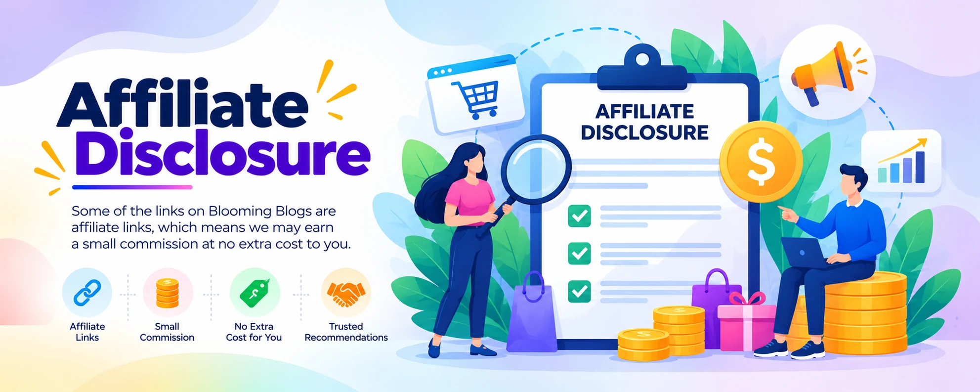 Affiliate Disclosure illustration showing an affiliate disclosure document, online shopping elements, and people reviewing information