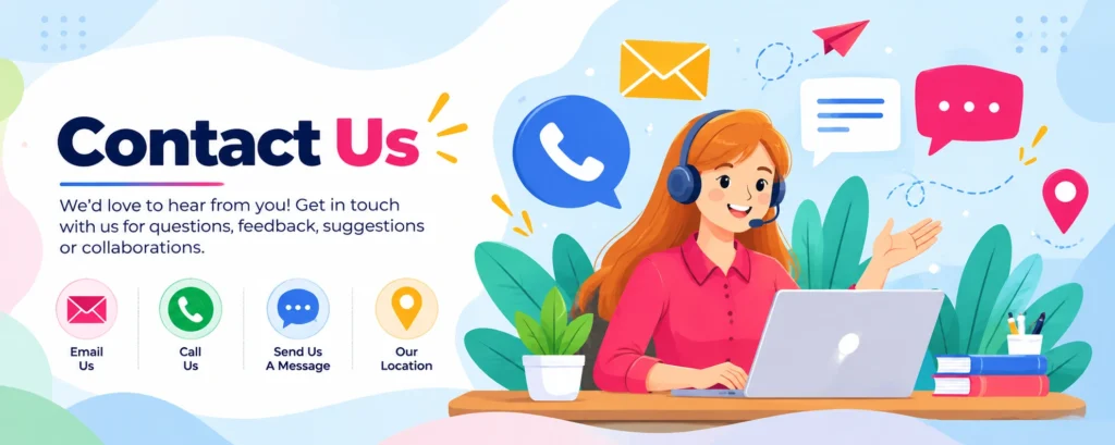 Contact Us banner showing a friendly customer support woman with headset and communication icons