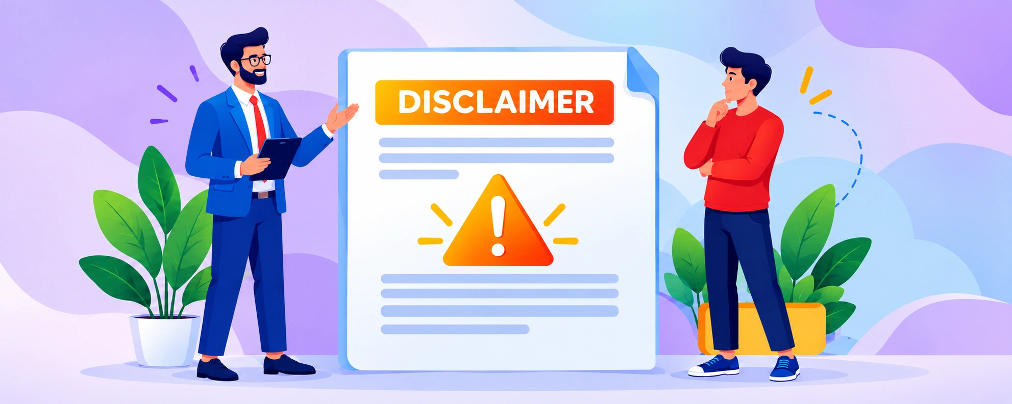 Disclaimer Policy illustration showing a document, warning symbol, and people discussing website information