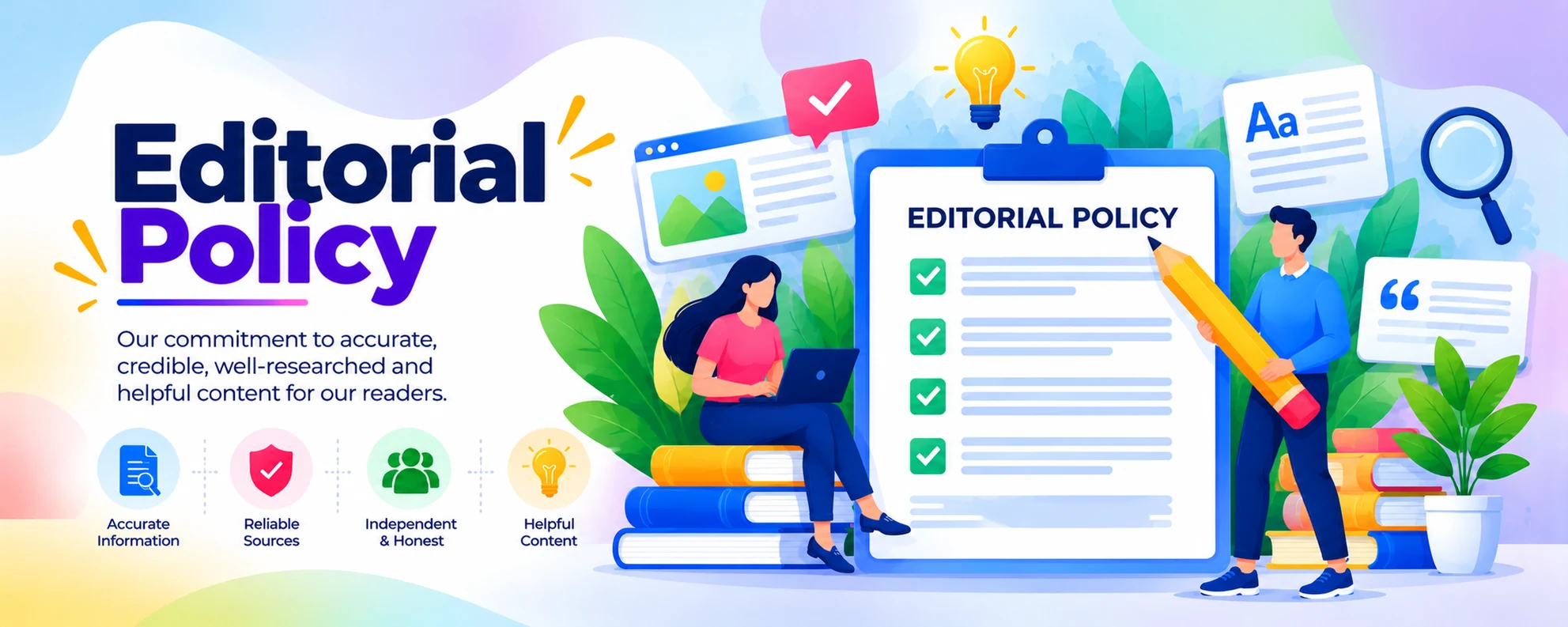 Editorial Policy illustration showing an editorial document, people researching content, books, and symbols of accuracy and reliable sources.