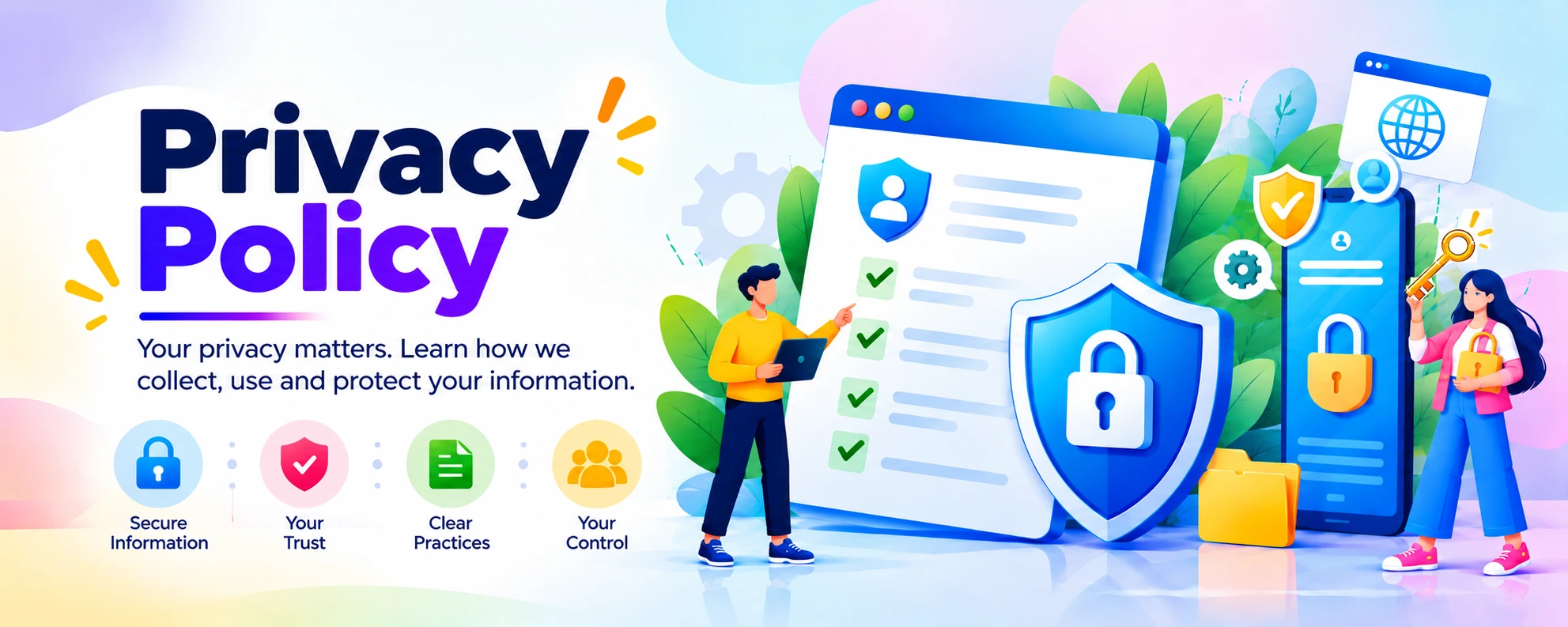 Privacy Policy illustration showing a secure document, shield, smartphone, lock and key.